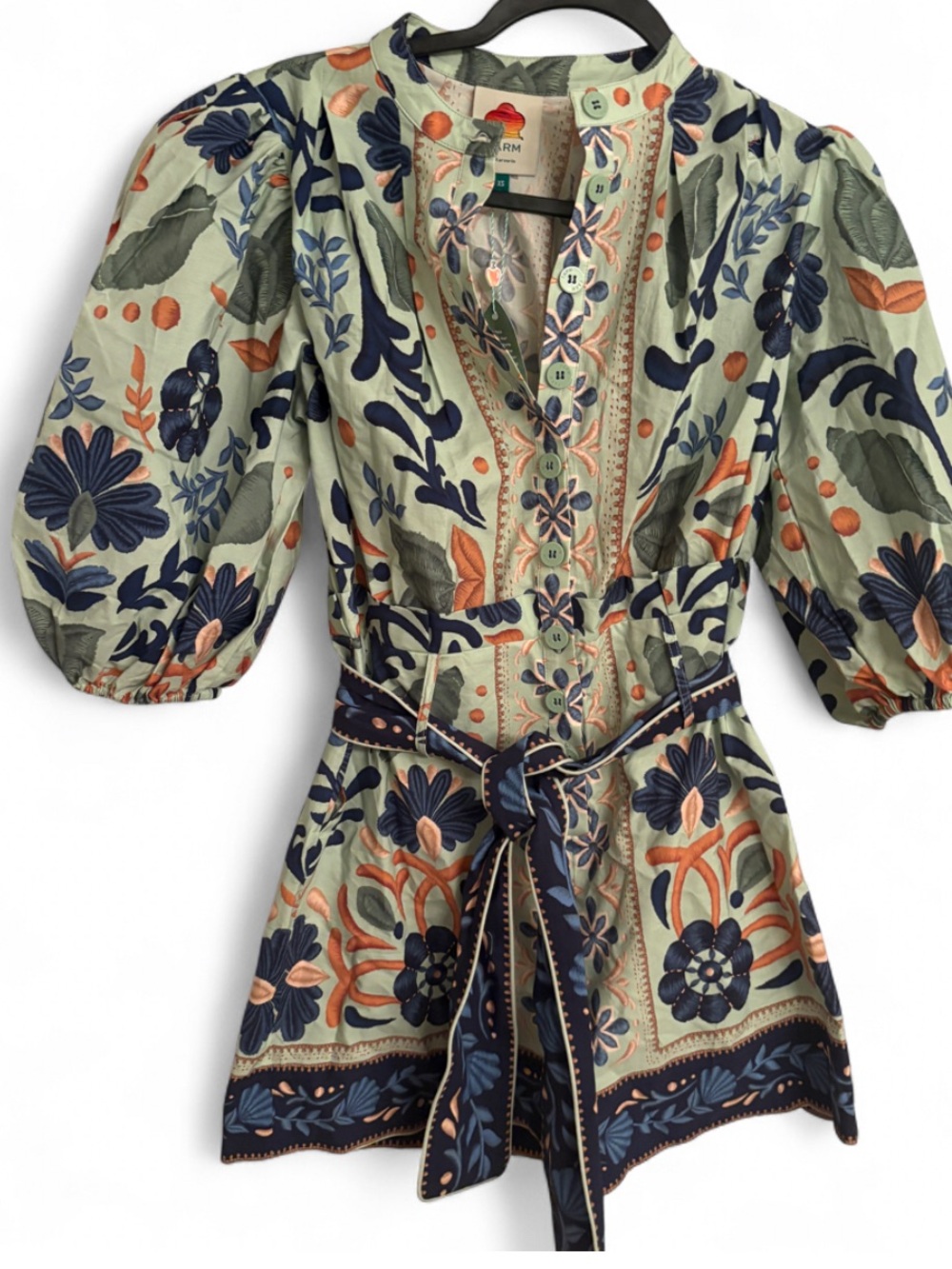 NWT Farm Rio Blue and Green Floral Romper, 100% Cotton, Size XS - Picture 2 of 8